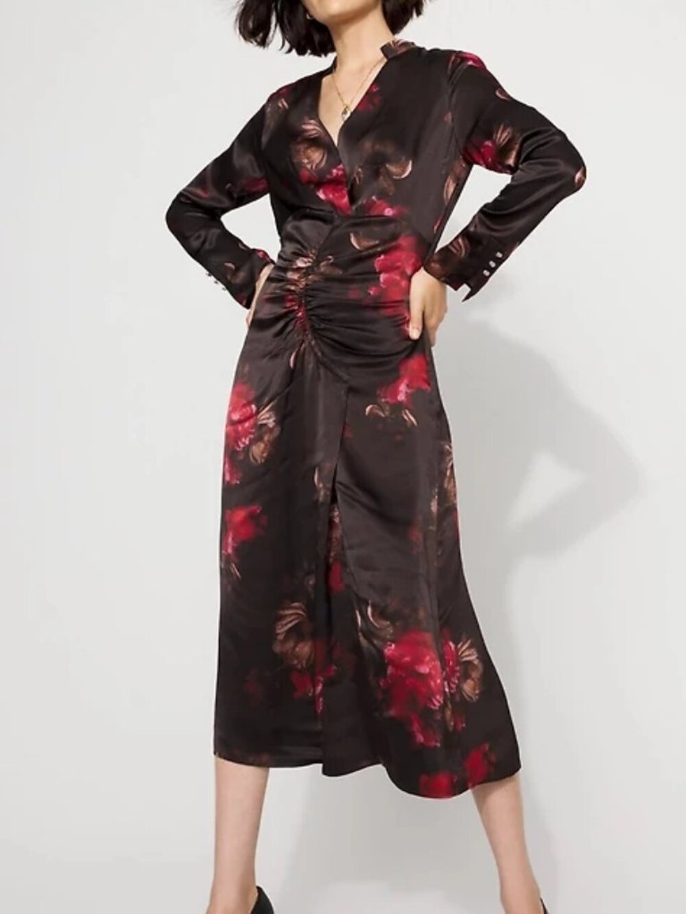 nwt white house black market satin ruched front midi dress 8